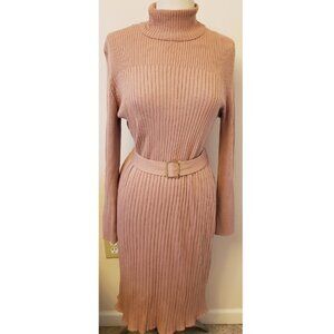 Anne Klein Belted Long Sleeve Ribbed Knit Turtleneck Midi Dress Size-XL Camel